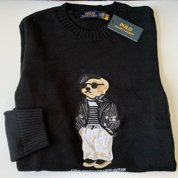 Polo Ralph Lauren Men’s Bear Knit Sweater M Black 100% Cotton Crewneck New - Picture 5 of 6